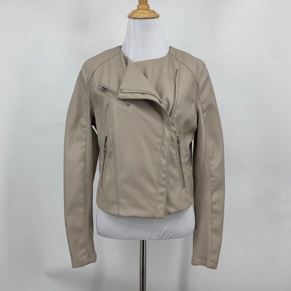 Blank NYC Jacket Women Small Coffee Faux Leather Denim Record Breaker Collarless - Picture 2 of 13